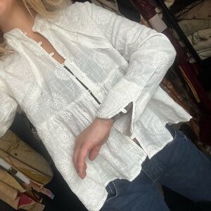 Women's White Embroidered Button-Down Peasant Shirt